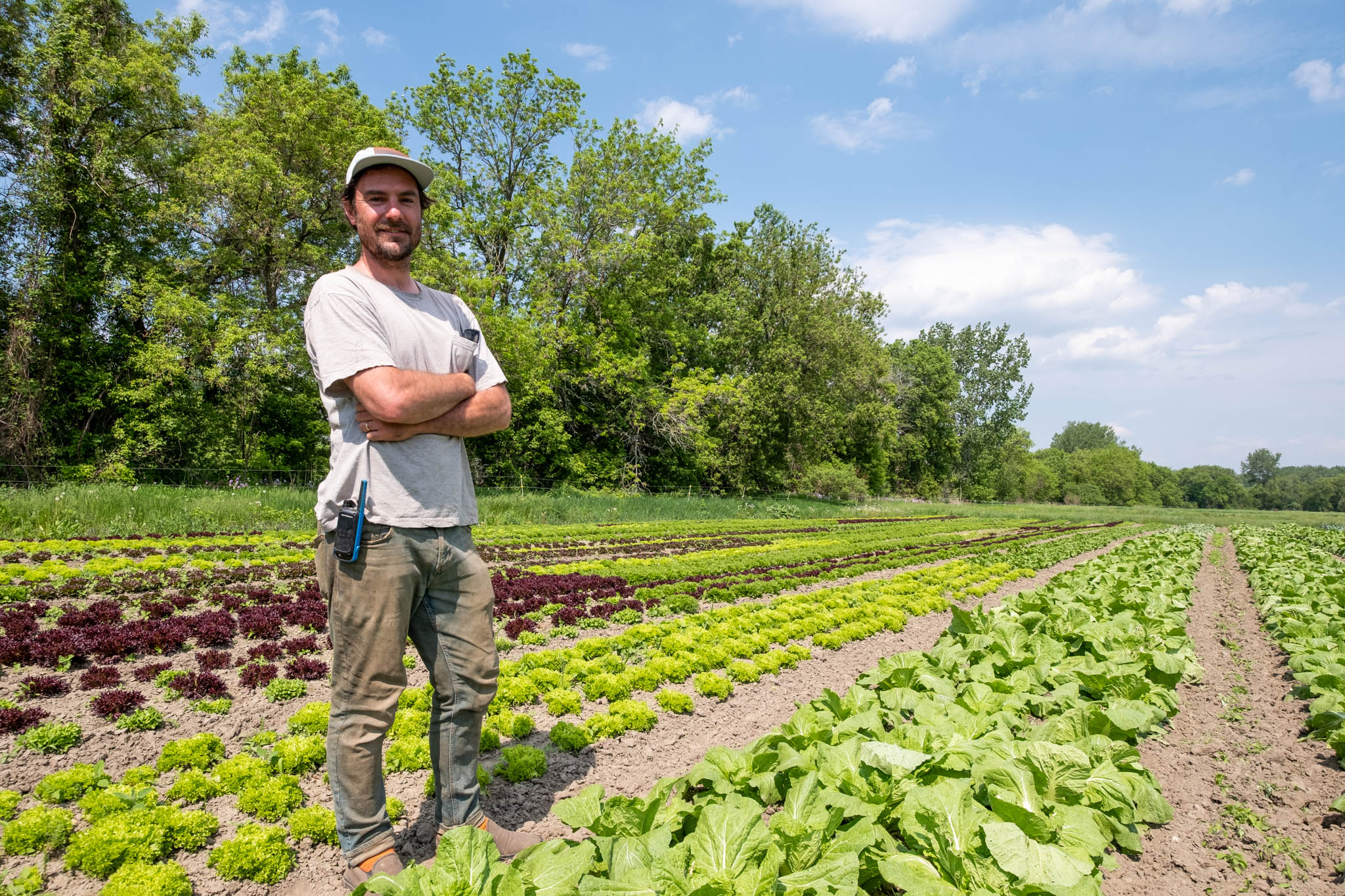 Photo of farmer Eric Seitz of Pitchfork Farm standing in a farm field on a sunny day.