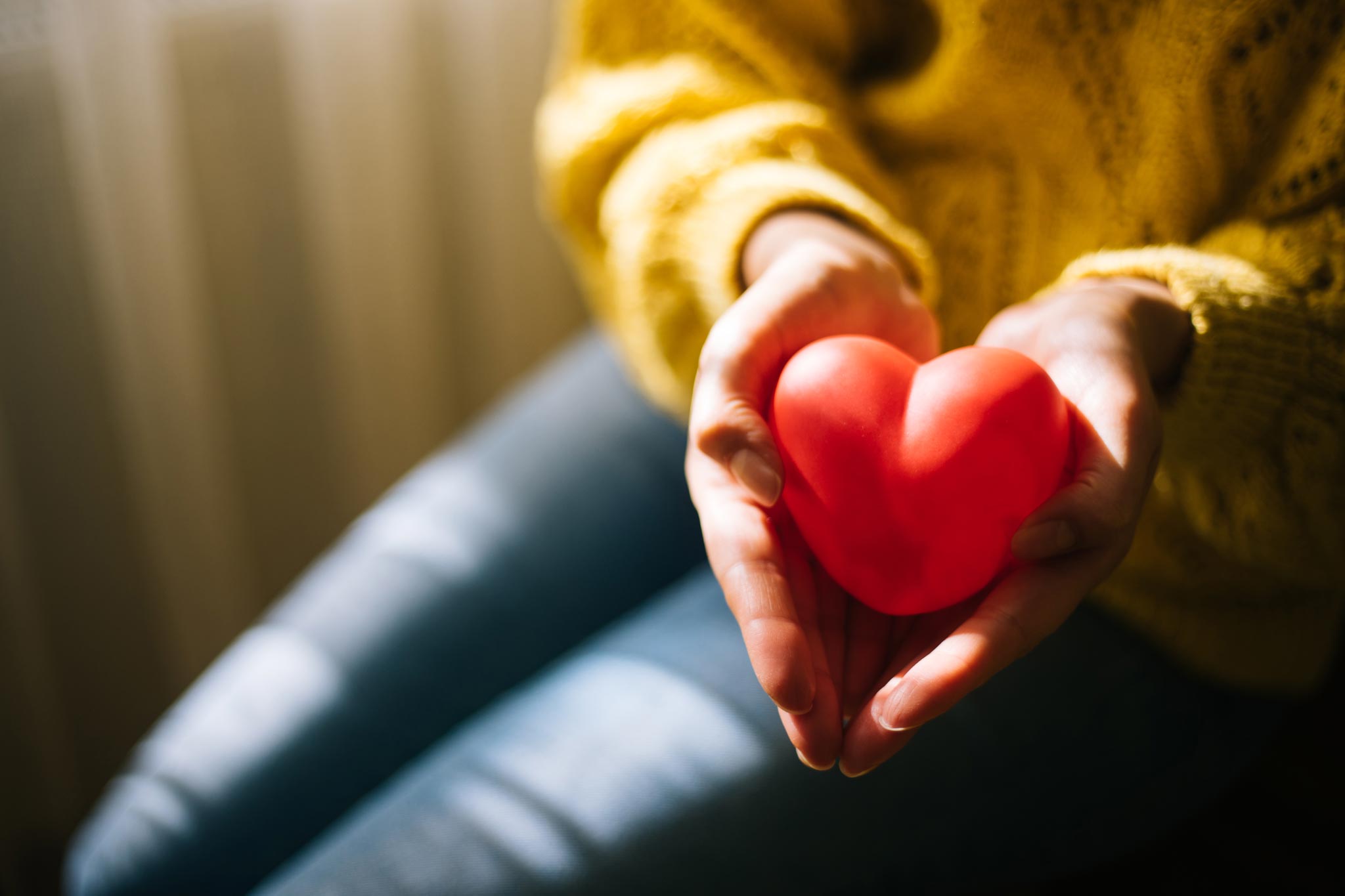 Photo of a woman's hands holding a small plastic heart.