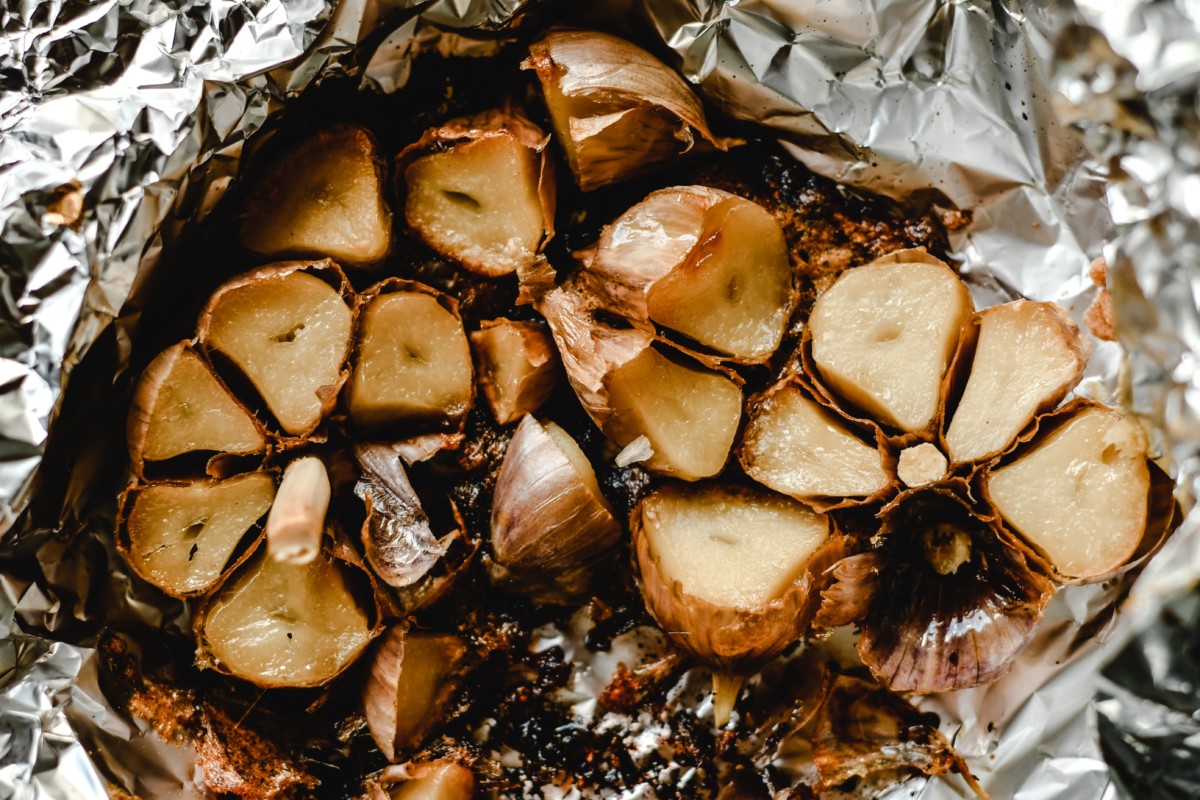 Roasted garlic bulb in tin foil